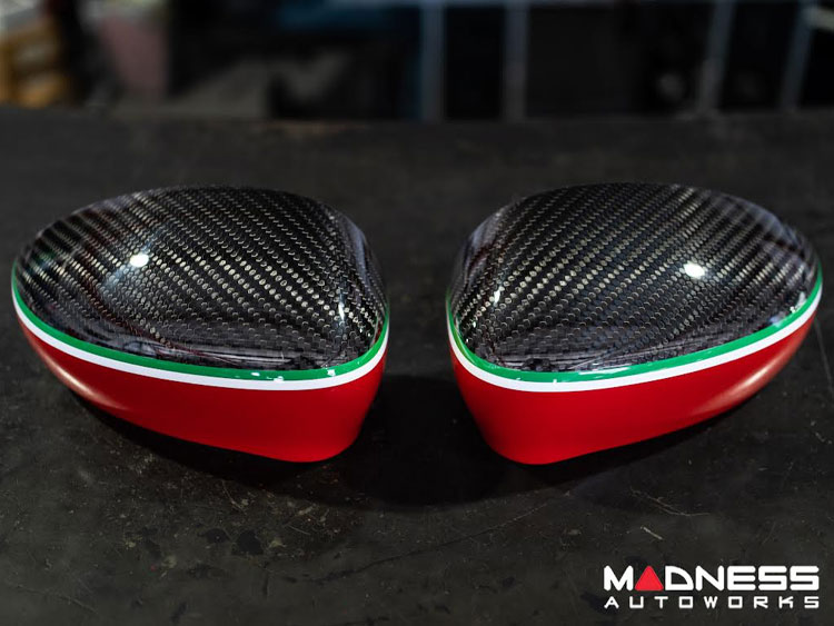 FIAT 500 Mirror Covers - Carbon Fiber - Red Lower Portion - Italian Racing Stripe w/ White Scorpion